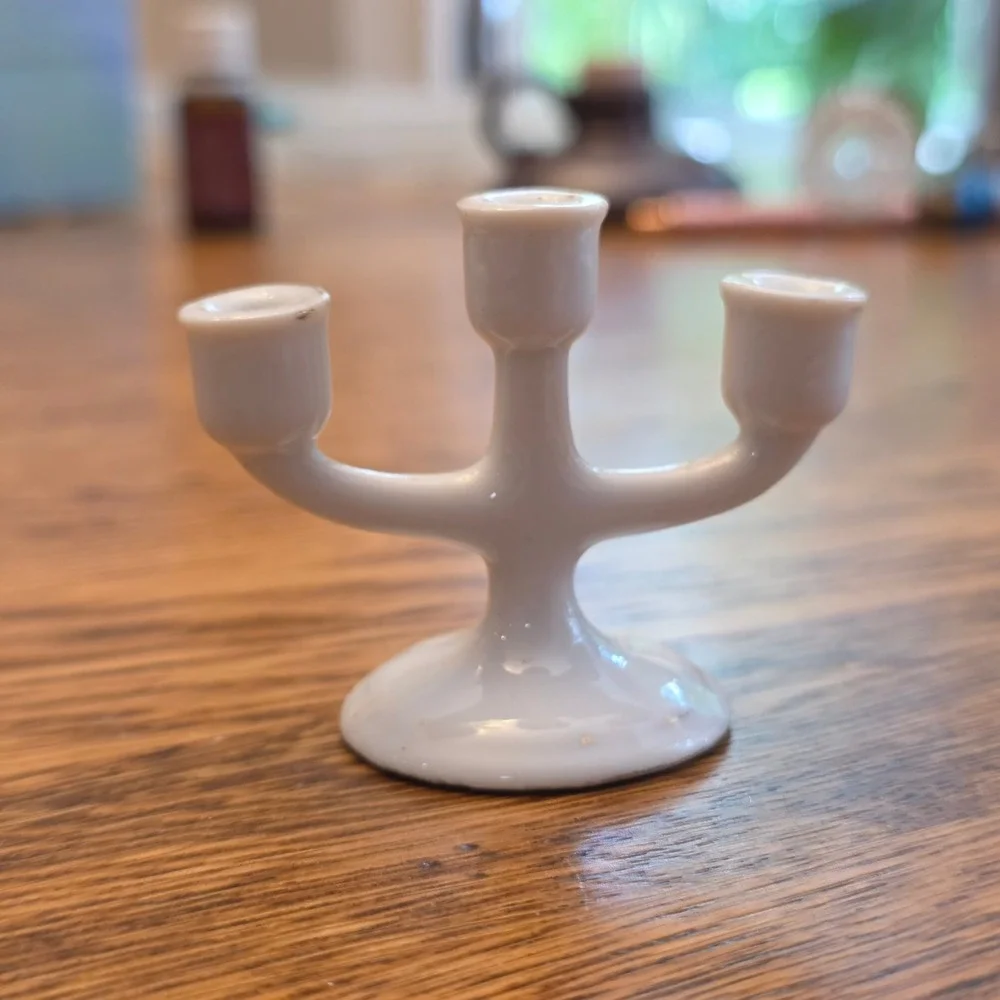 Vintage White Porcelain Miniature 3 Arm Candelabra Japan 2 Inch Dollhouse Decor